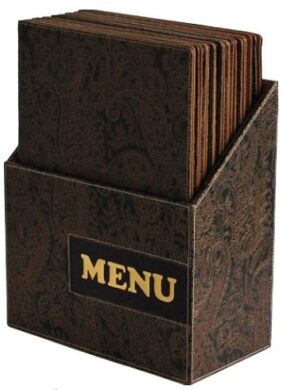 Box s jedálnymi lístkami DESIGN, hnedý ornament (10 ks)  (MC-BOX-DRA4-PAISLEY)